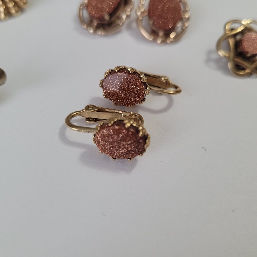5 Pair Earrings Vintage Goldstone Earrings Gold Tone Clip on & Screwback